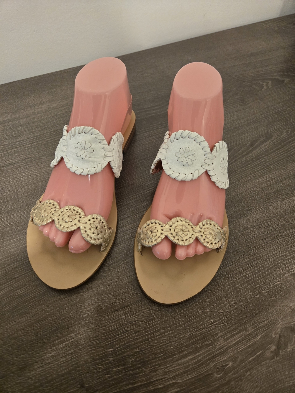 Jack Rogers White and Gold Scalloped Toe-Loop Sandals